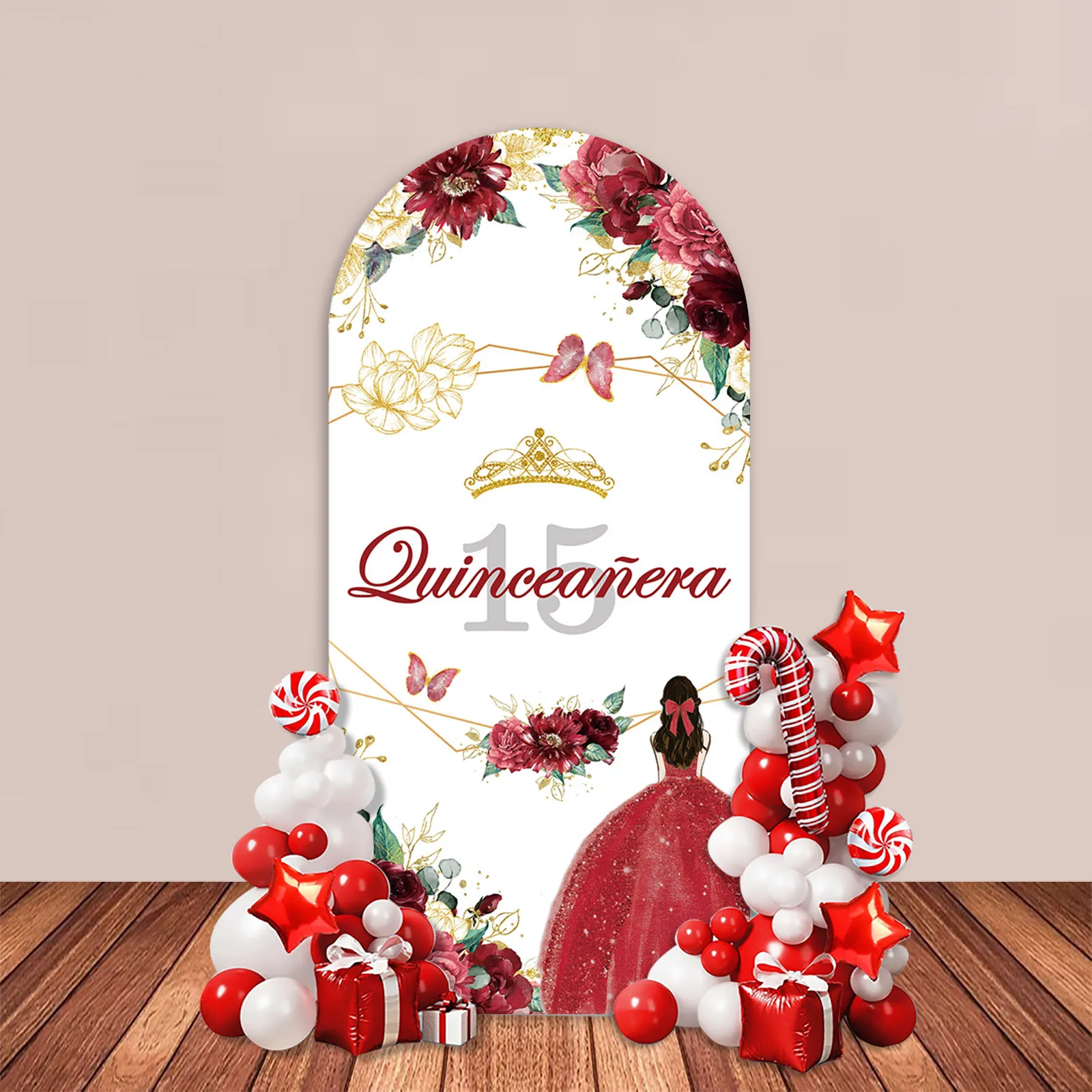 Арка Фон Крышка Quinceanera 15th Birthday Party Декор Фон Цветочная Корона Девушки Торт Настольный Портрет Фотозона