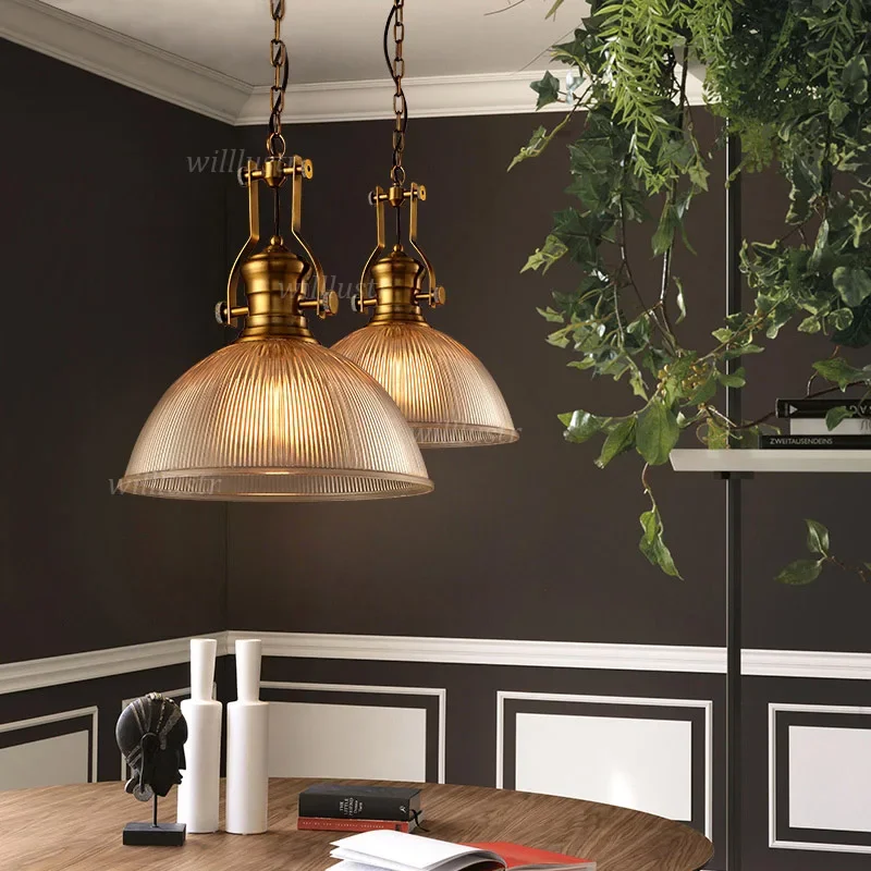 Retro Ribbed Glass Suspension Light Vintage Pendant Lamp Hotel Cafe Lounge Office Bar Dinning Room Hanging Ceiling Chandelier