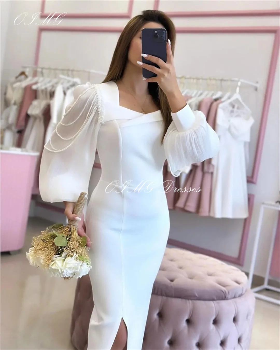 OIMG Elegant Satin Irregular Collar Long Prom Dresses Pearls Mermaid Women Satin Slit White Evening Gowns Formal Party Dress