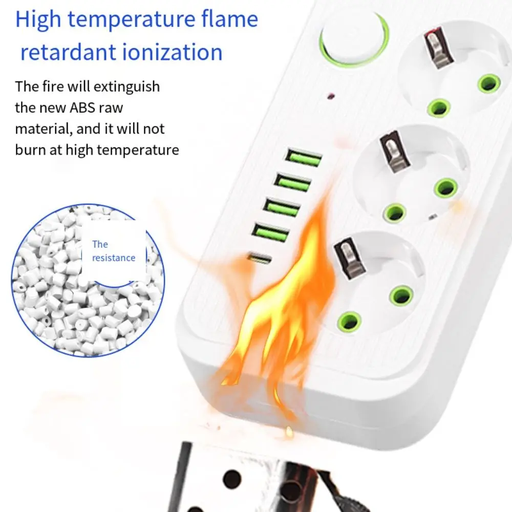 

2m Extension Cord EU Outlet Power Strip 4 USB Ports Independent Switch Surge-Protected Power Strip 3-Outlets Power Button Safe