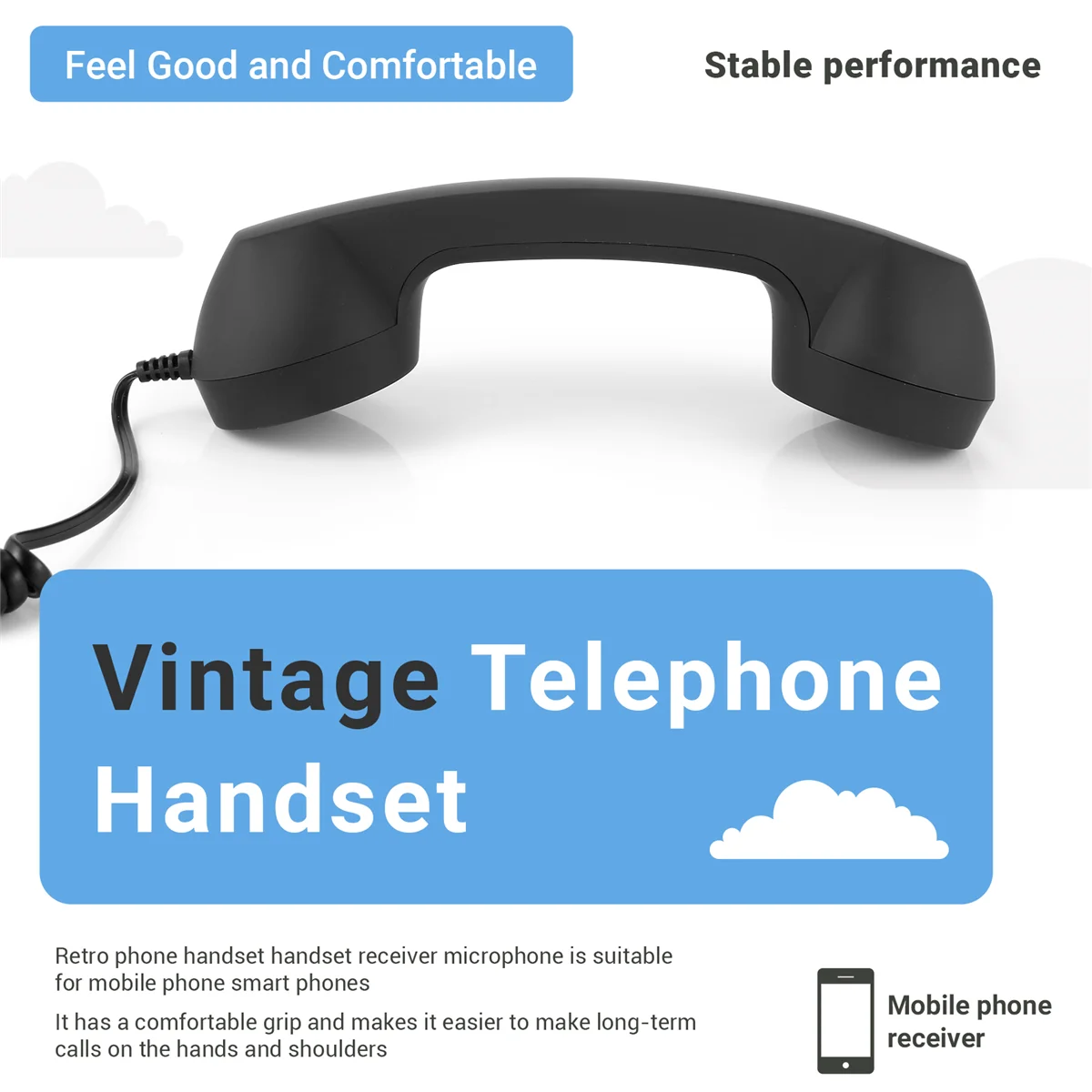 A10I Vintage Retro Teléfono Auricular Receptor de Teléfono Celular Micrófono MIC para Teléfono Inteligente, Enchufe de 3,5 mm (Negro)