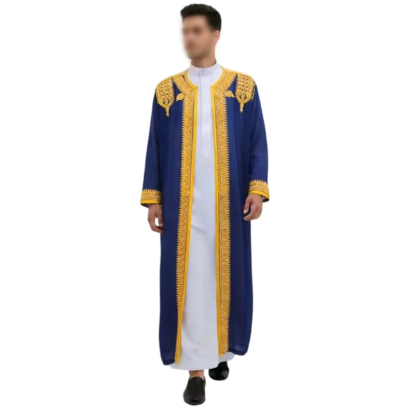 

Muslim Islamic Robes Clothing Men's Arab Robe Gold Embroidery Long Sleeve Thobe Robes Loose Dubai Saudi Arab Kaftan Shirt Top