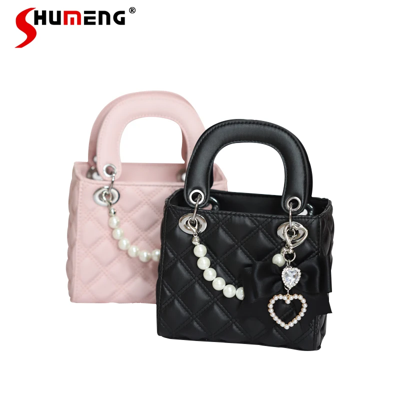 Japanese Girl Cute Handmade Pink Shoulder Bag 2023 Fall New Mine Mass-Produced Sweet Cool Bow Love Rhinestones Handbag for Women