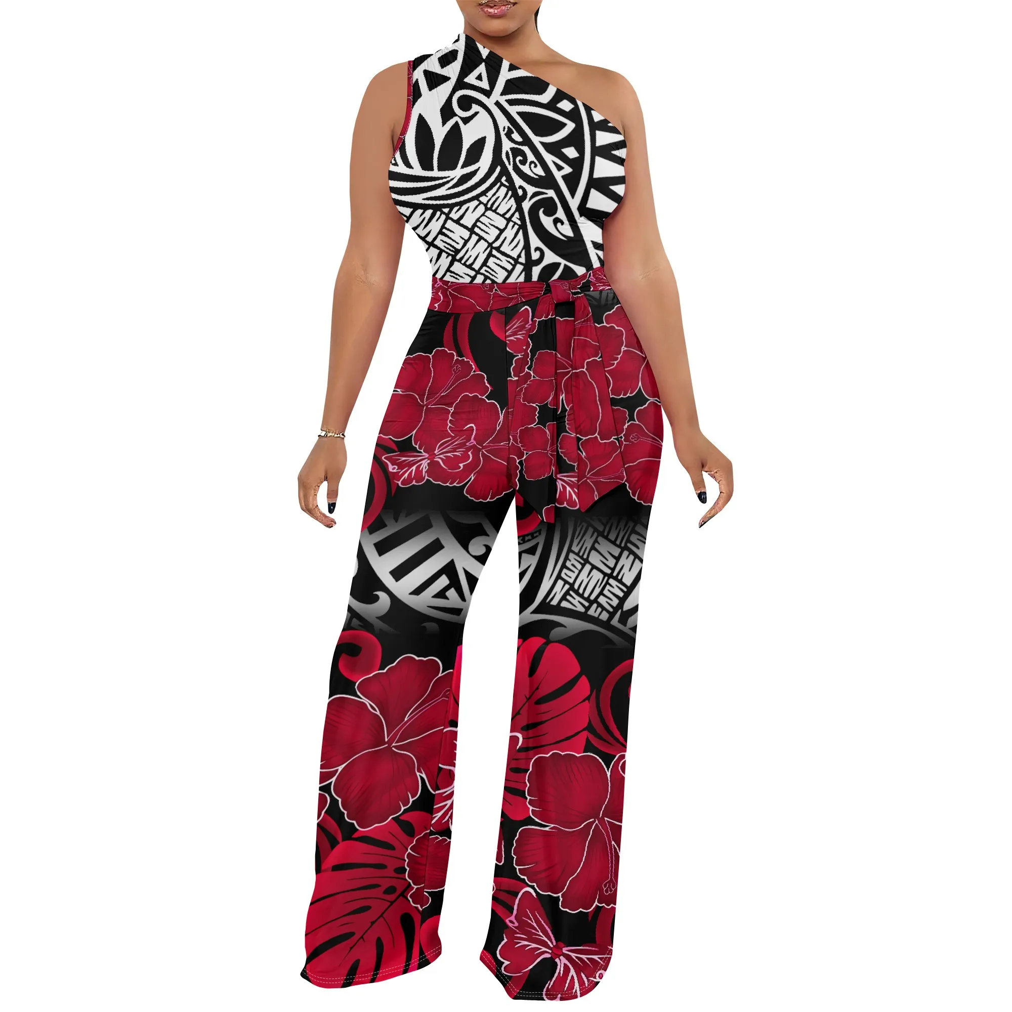 

Polynesian Style Women'S Off-Shoulder Sleeveless One Piece Trousers In A Trendy High Waisted Strapless Wide-Leg Style