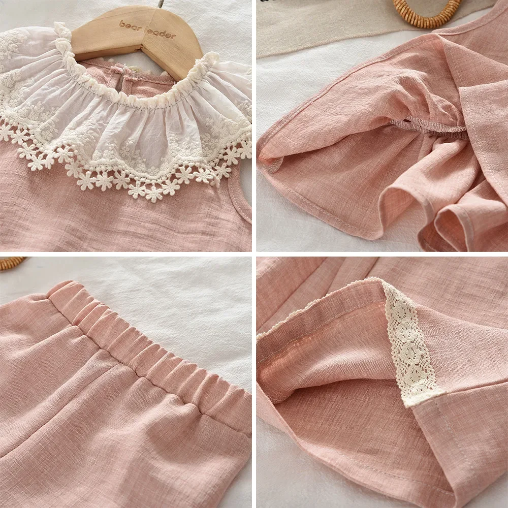 Rosa Kinderkleidung Mädchen Süße Spitze Patchwork Mädchenbekleidung Sommer Neues Ärmelloses Kariertes Bedrucktes Top + Hose Zweiteiliges Set – Detail 10