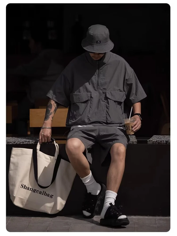 Quick-drying Cargo Set Men Harajuku Solid Color Loose Sunscreen T-shirt Wide Leg Oversize Sports Casual Shorts Summer 2pcs Suit