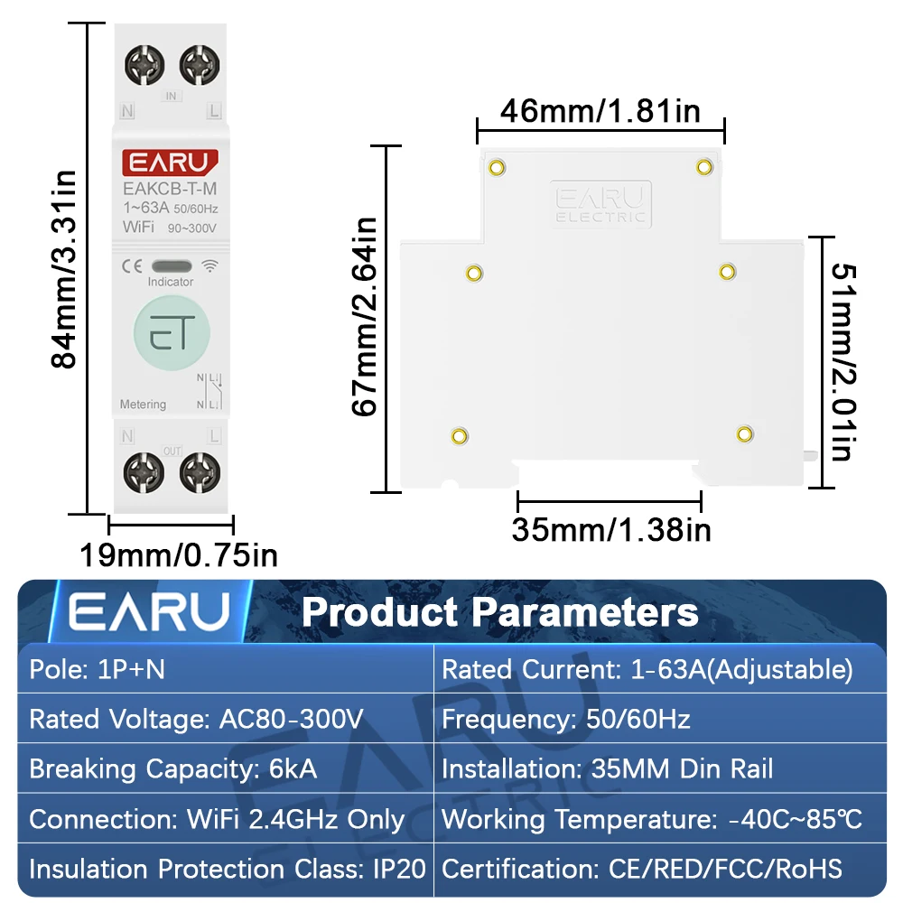 EARU Tuya WiFi Smart Circuit Breaker MCB Timer 63A Power Energy kWh Voltage Current Meter Protector Voice Remote Control Switch