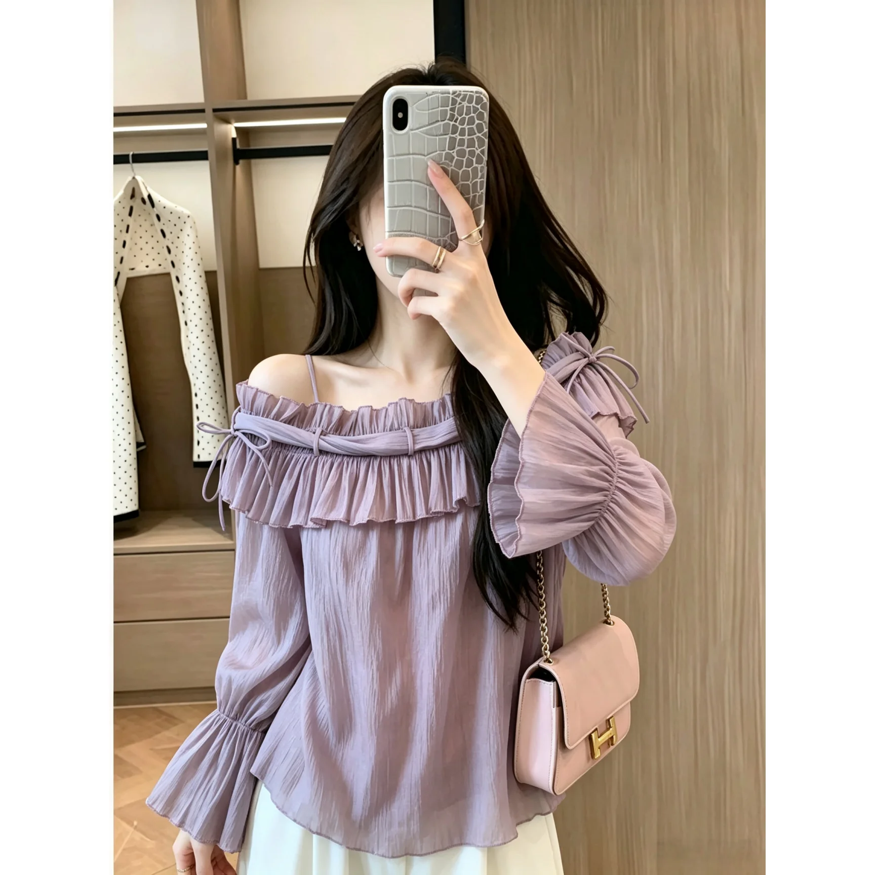 Autumn New plus Size Women's Purple One Shoulder Lace Trim Shirt Long Sleeve Tie Drapey Chiffon Top Elegant Fashionable Top