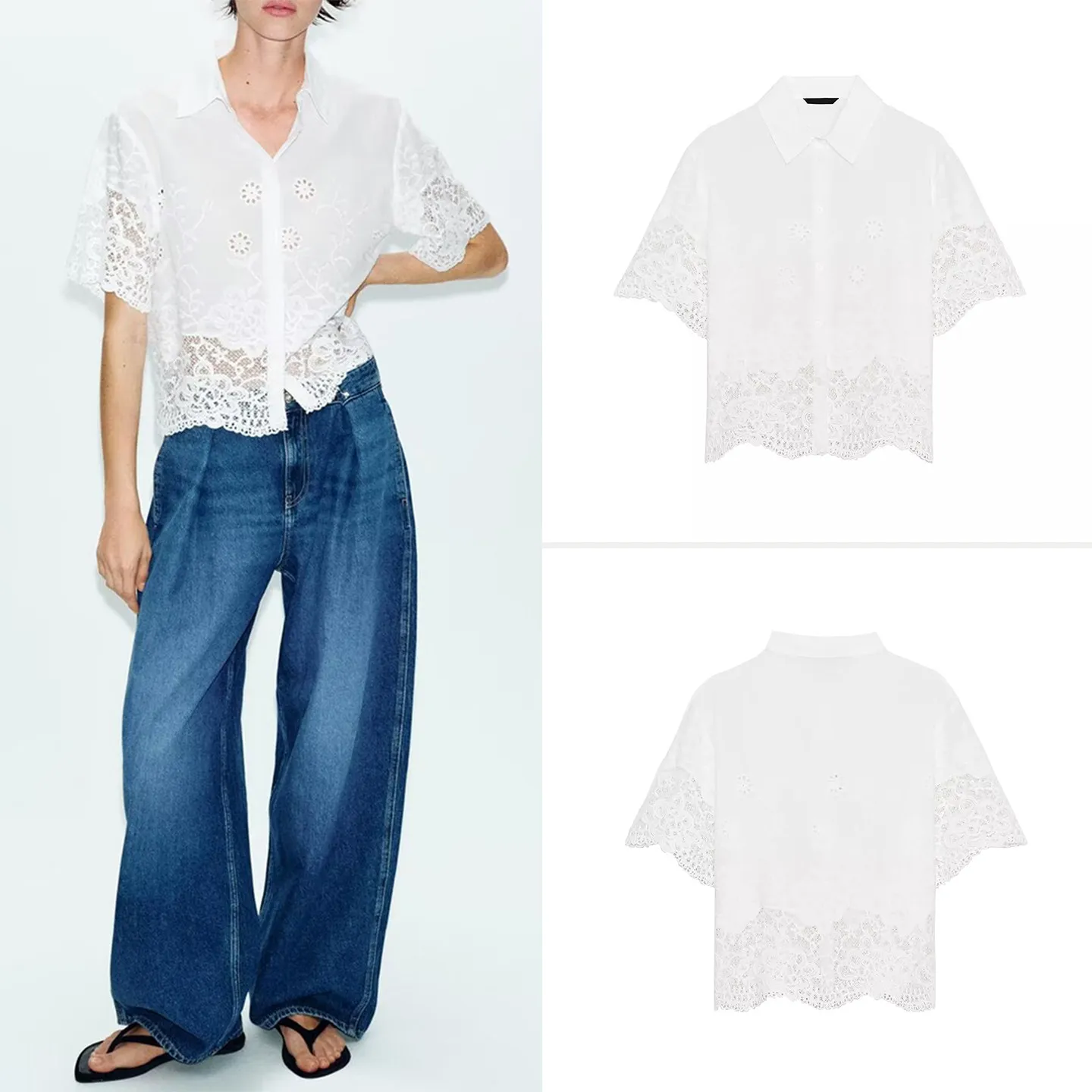 

Fashionable Short Sleeve Embroidered Hollow out Collared Shirt Women's Loose Fit Shirt European Style Spring 2026 Zadata Brand