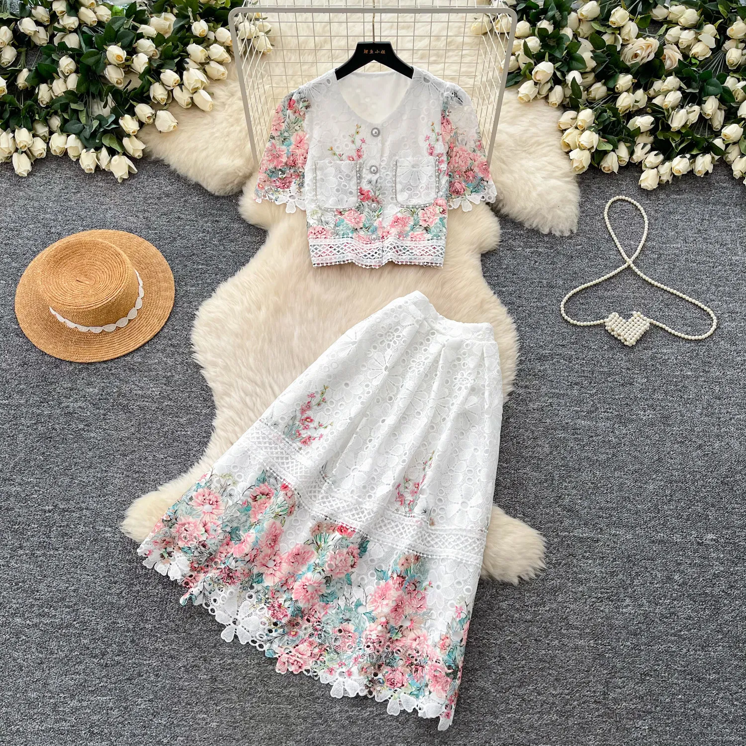 

Women Two Piece Sets Skirt Set V Neck Short Sleeve Tops Print Floral Long Skirts A Line High Waist Y2k Streetwear Elegant Lace
