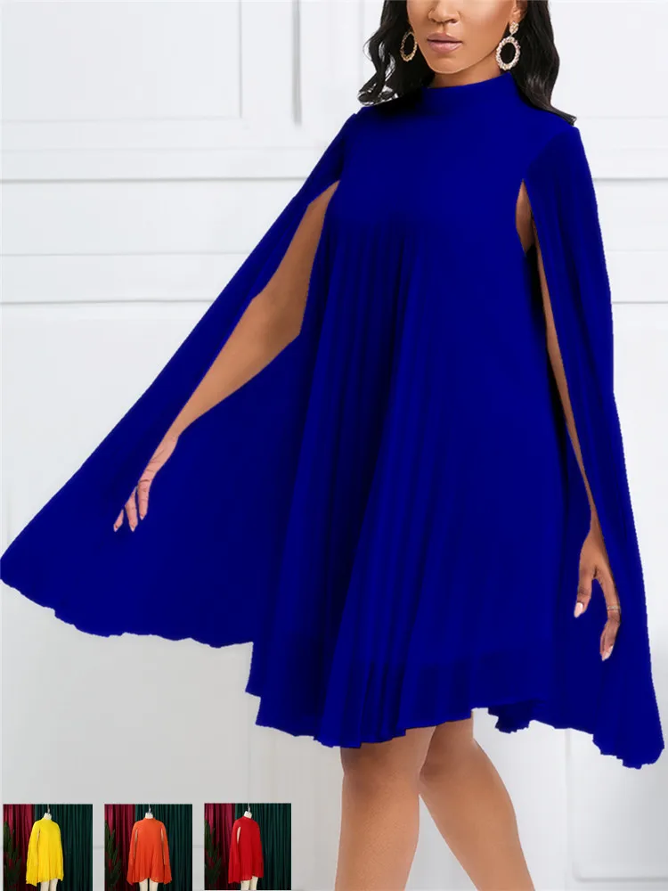 Stylish Chiffon Bat Sleeve Dresses 2025 New Mujer Cloak Large Size Dress Pleated Blue Knee Length Party Dresses Luxury O Neck