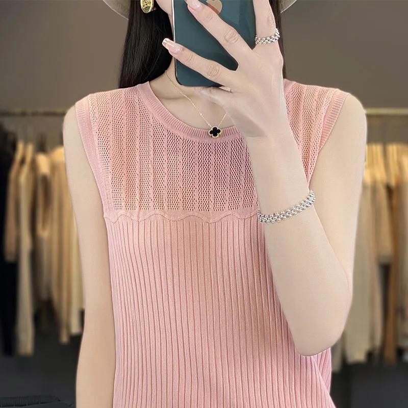 Summer new 100% pure cotton sleeveless T-shirt for women's casual solid color O-neck pullover soft and fashionable versatile top