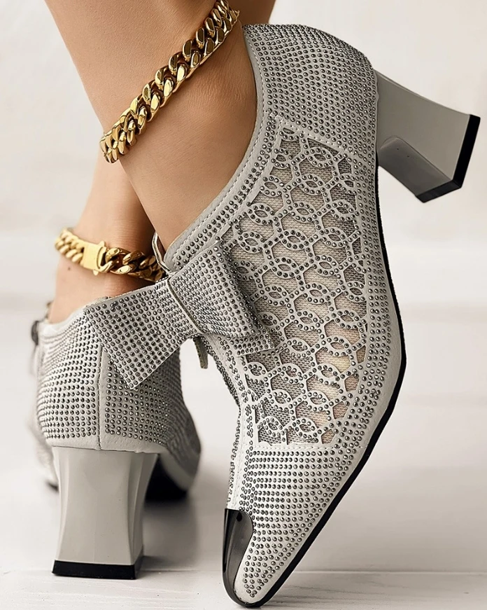 Side Zip Rhinestone Bowknot Decor Chunky Heels