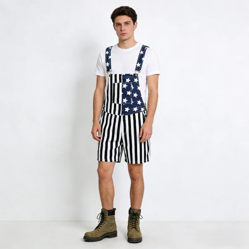 

Men Denim Flag Print Pockets Button Short Jumpsuit Summer Strap Denims Couples Overalls for Man Suspender Pants Jeans 2026