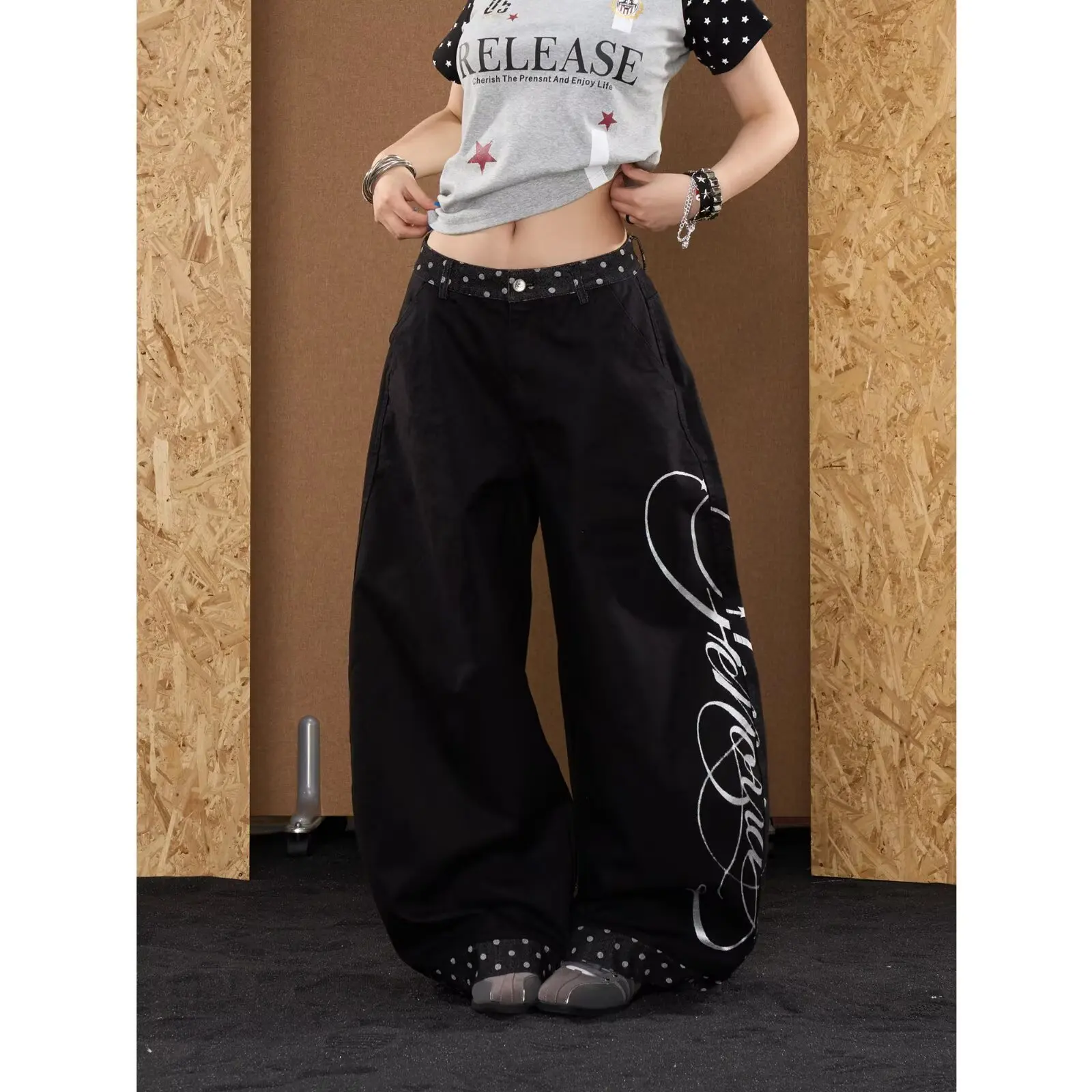 Loose Men's Wide Leg Jeans Autumn Winter Large Size 250 Pounds New Splicing Polka Dot Letter Knife  Casual Trousers