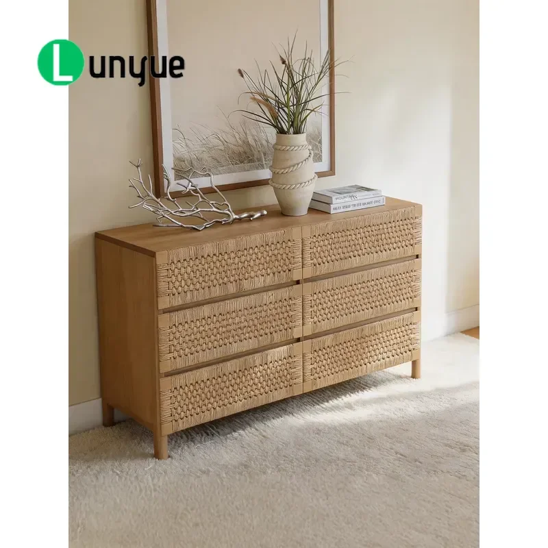 American Country Style Solid Wood 6 Drawer Cabinet with Aquatic Grass Rattan Hidden Groove Handle Retro Bedroom Wall Storage