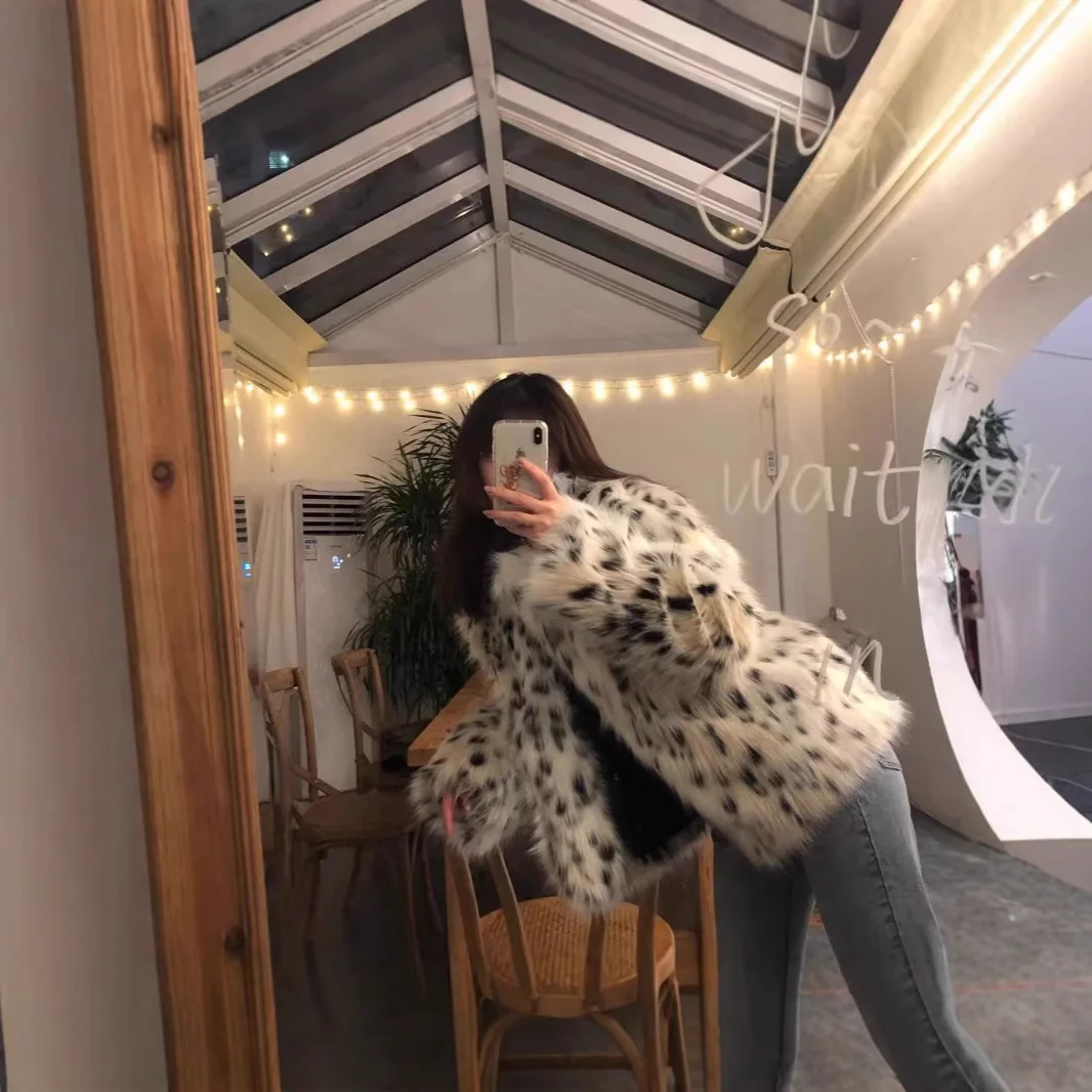 

Шикарная зимняя женская норковая куртка с леопардовым принтом, меховой воротник, верхняя одежда из искусственного меха для женщин, женская шуба с напуском и длинными волосами