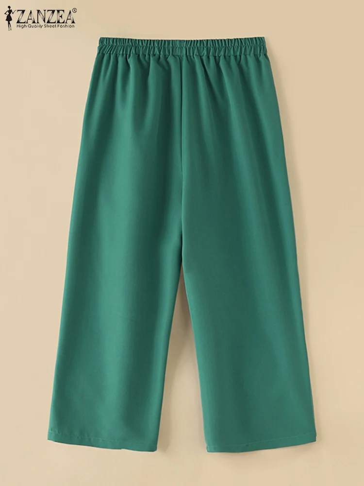 ZANZEA-Pantalones largos de lápiz para mujer, pantalón de cintura elástica, informal, Vintage, con bolsillo, para oficina