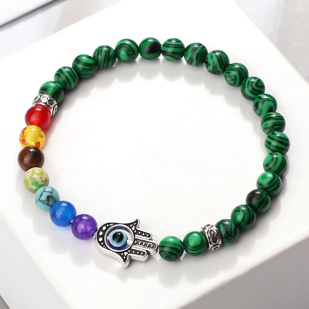 6mm 7 Chakra Beads Bracelets Lucky Evil Eye Hand Of Fatima Women Men Natural Lava Stone Agates Bracelet & Bangle Prayer Jewelry