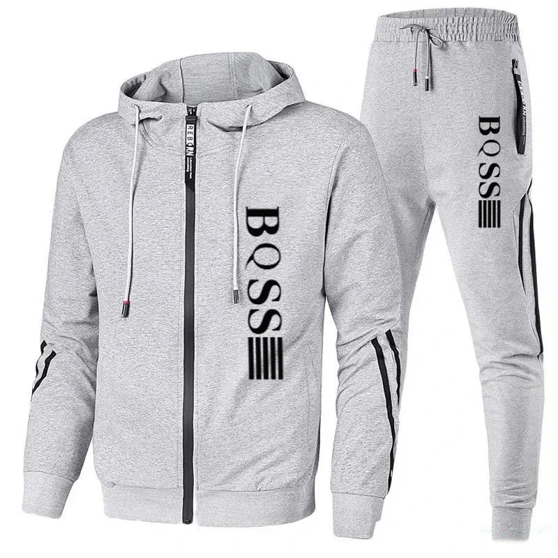 Men\'s sportswear zippered hoodie+sports pants two-piece set, autumn men\'s casual sports jacket, jogging set, top and pants