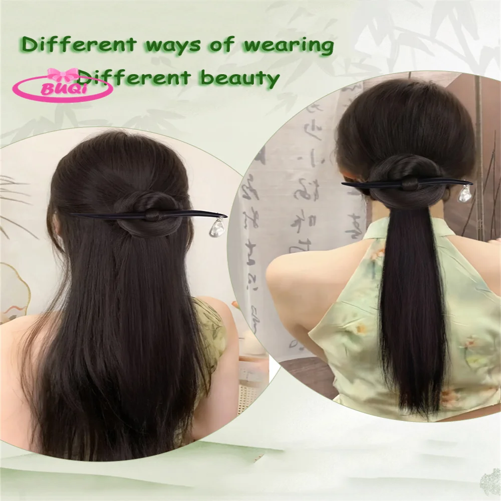 BUQI New Chinese Wig Hanfu Hair Extension With Ebonized Wood Hair Sticks Forks Integrated Hair Bun Ponytail For Girls