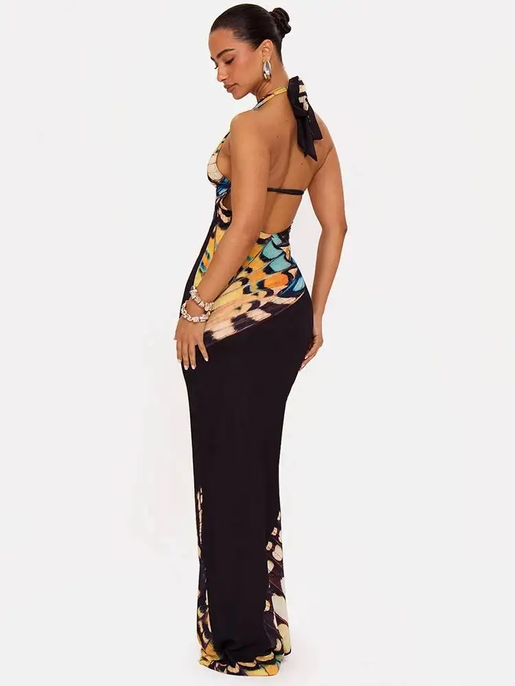 Women Butterfly Print Halter Maxi Dress Deep V Neck Bodycon Long Dress Sleeveless Backless Evening Party Club Dresses
