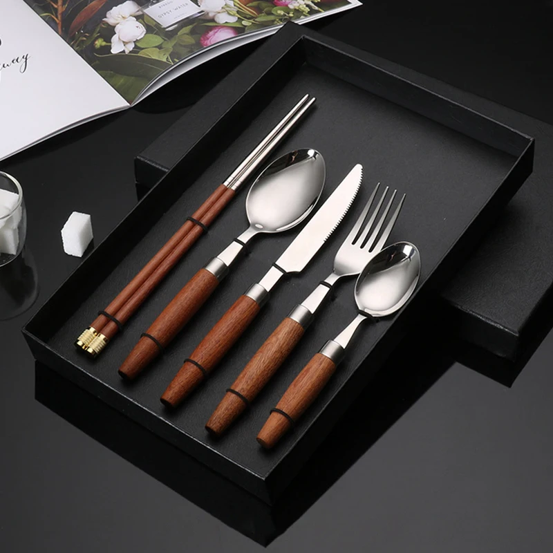 

304 Stainless Steel Steak Knife, Fork, Spoon, Chopsticks, Wooden Handle, Tableware, Practical Durable, Kitchen Dishes, Full Sets