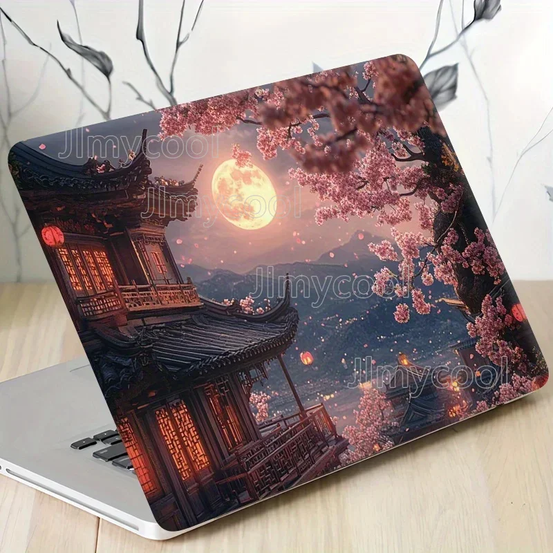 Pack of 3 (with 1 Spare) Sakura & Moonlight Asian Architecture Laptop Stickers - PVC Scratch Resistant Self Adhesive Translucent