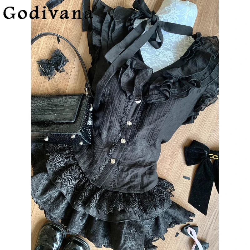 Conjunto de dos piezas para mujer, estilo puro deseo, dulce encaje negro, Top de retazos, falda de pastel hinchada, trajes femeninos de estilo Lolita