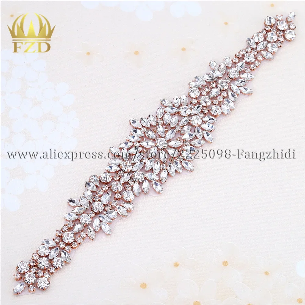 

(1 piece) Rose Gold Claw Rhinestones Cloth Sew On Crystals Sliver Wedding Diamante Applique Trim For Bridal Sash Belt Decoration