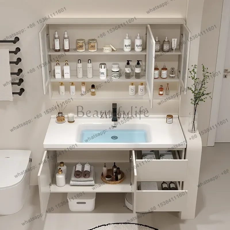 

Simple solid wood ceramic basin integrated basin bathroom cabinet floor type