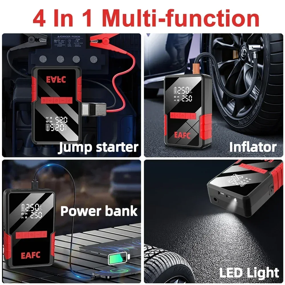 EAFC 4-in-1 Car Jump Starter & Air Pump Tire Inflator Portable Air Compressor Outdoor Power Lamp 1200A Power Bank for Vehicle