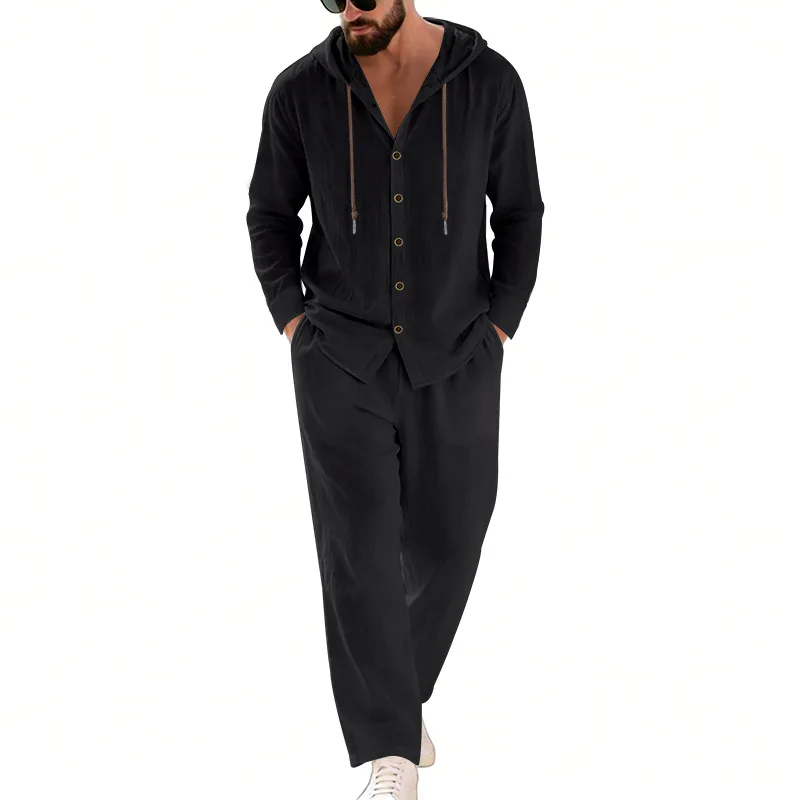 Nouvel ensemble deux pièces homme 2026 en lin décontracté avec haut à capuche boutonné à manches longues et pantalon – Idéal pour les vacances, les loisirs, les trajets quotidiens, polyvalent et confortable