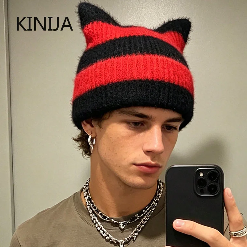 Cute Cat Ears Beanie Hat for Men Winter Korean Punk Gothic Y2K Wool Knitted Streetwear Handmade Crochet Bucket Cap