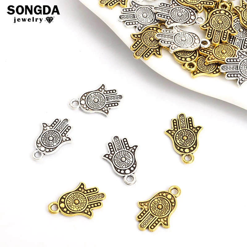 30pcs Fatima Vintage Pattern Charms Hamsa Hand Lucky Eye Antique Gold Silver Color Alloy Pendant Jewelry DIY Keyring Accessories