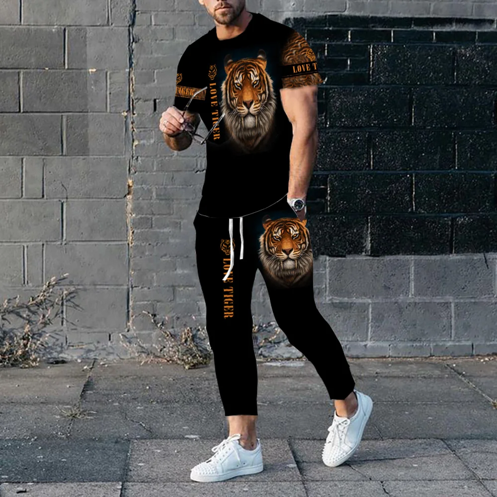 Summer Short Sleeve T-Shirt Men\'s Sets Male Jogging Sport Fashion Animal Tiger Lion 3D Print Oversize Tracksuit Two Piece Outfit