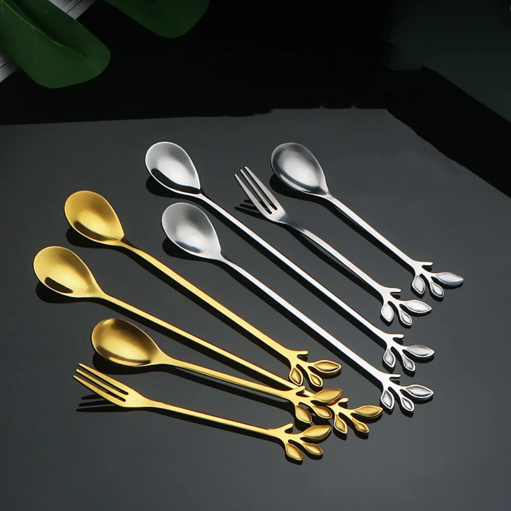 Stainless Steel Water Cup Stirring Spoons Golden Silver Dinnerware Coffee Spoon Long Handled Leaf Shape