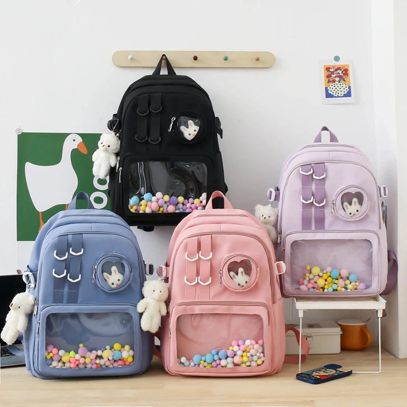 Large Capacity Solid Color Convenient Visual Pocket Zipper Nylon School Bag 2024 Hot Sale Bags for Girls and Boys Bolsos Colegio