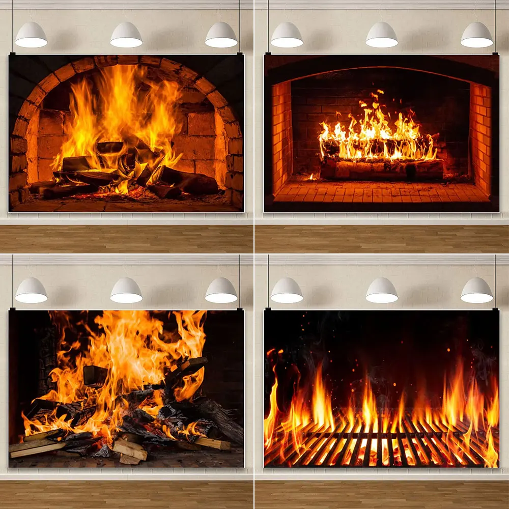 Christmas Home Decor Fireplace Backdrop Photography Vintage Arch Brick Stove Flame Bonfire Party Studio Photo Background Prop