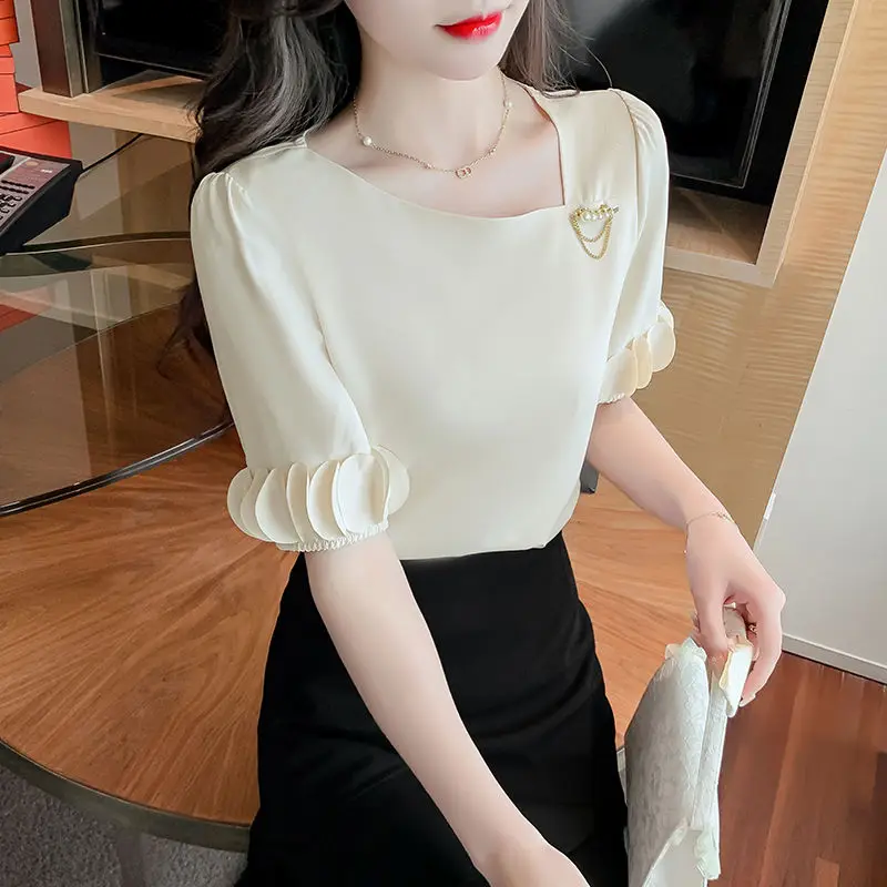 Summer 2023 New Fashion Pullover Chiffon Skew Collar Short Sleeve Women Shirts Korean Patchwork Solid Color Loose Blouse Top Tee