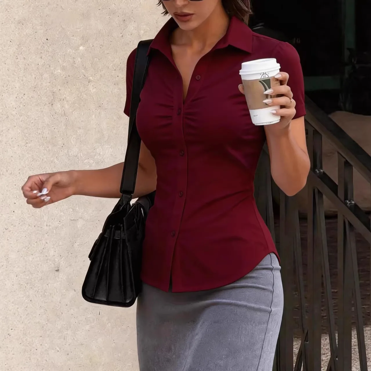 

Fashion Solid Color Slim Shirts For Women 2026 Summer Short Sleeve Turn-down Collar White Blouse And Tops Elegant