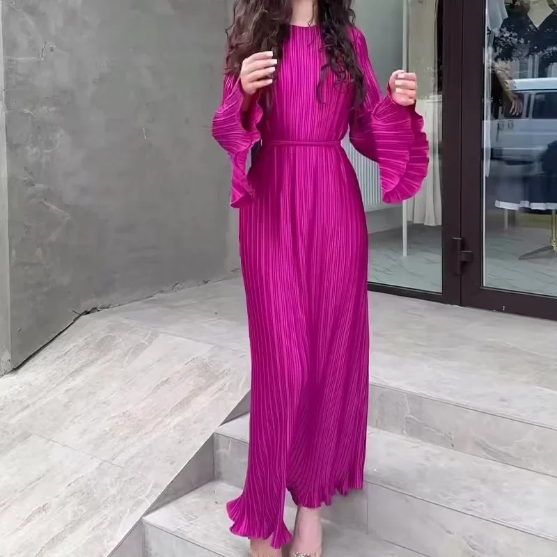 2024 Eid Flare Sleeve Muslim Pleated Dress Women Abaya Morocco Ramadan Lace-Up Abayas Kaftan Islam Dubai Arab Modest Long Robe