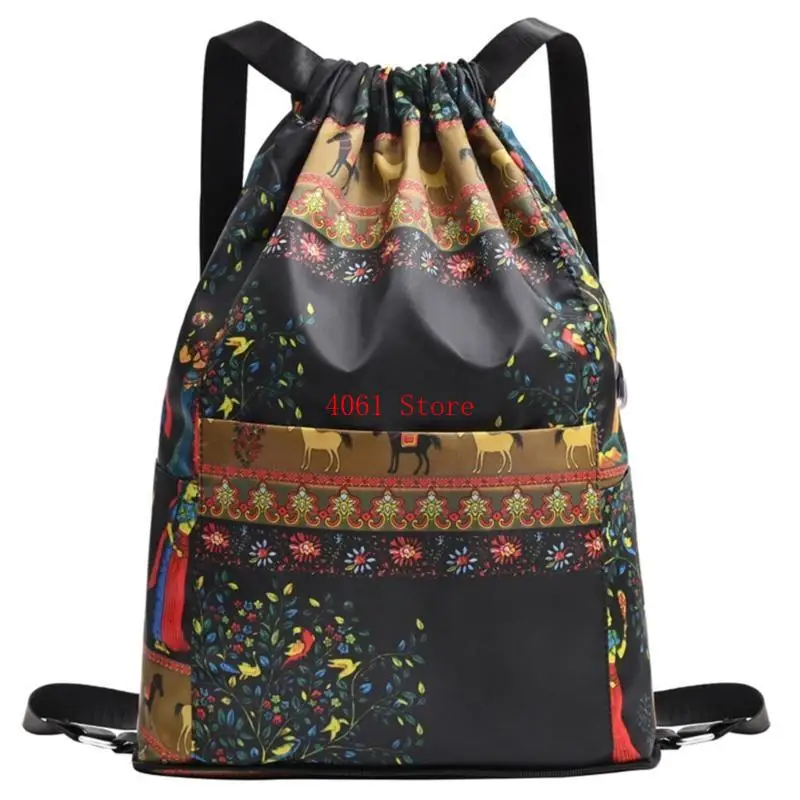 Convenient Sports String Bag for Women Men Oxford Print Drawstring Backpack