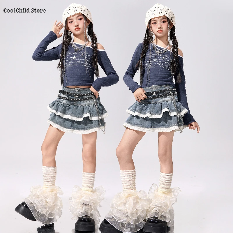 Girls K-pop Off Shoulder Furry Crop Top Dance Denim Skirts Kids Hip Hop Jazz Clothes Sets Children Streetwear Girl Group Costume