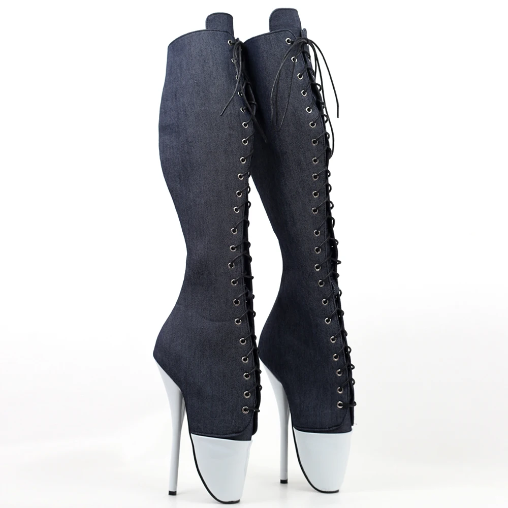 7 Inch High Heel Denim Knee High Ballet Boots New Style Unisex Size36-46