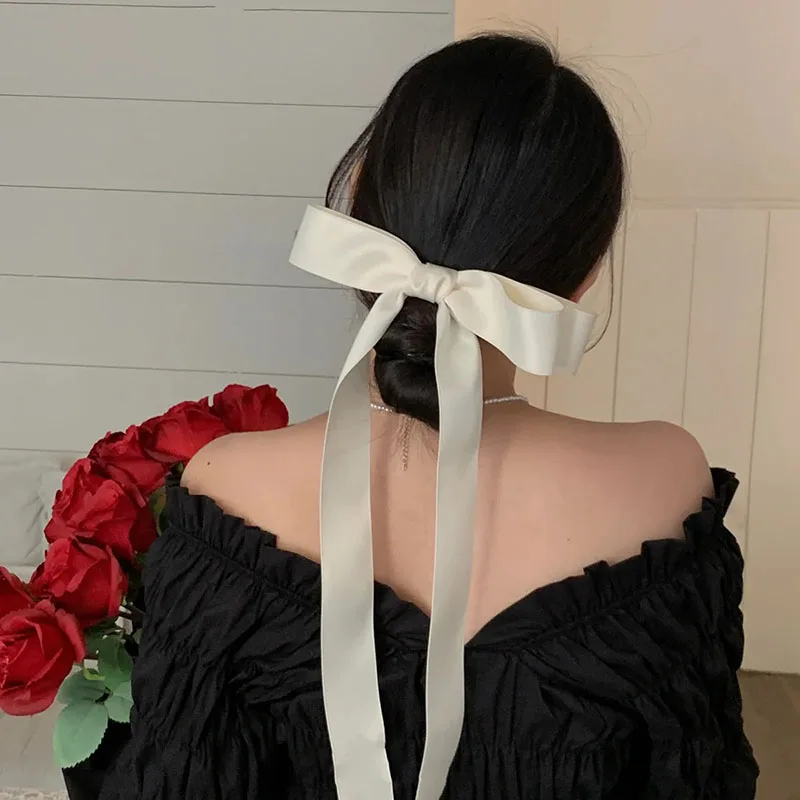 Extra Long Streamer Hair Bow Clips for Women Girls Satin Ribbon Big Bowknot Pink Black Hairpin Barrette Korean Hair Accessoires