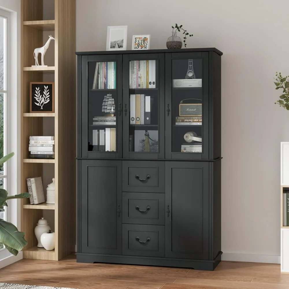 خزانة كتب بطول 71 بوصة، رف كتب للمزرعة مع أدراج وباب زجاجي أكريليك، خزانة تخزين خشبية كبيرة الحجم للدراسة المنزلية