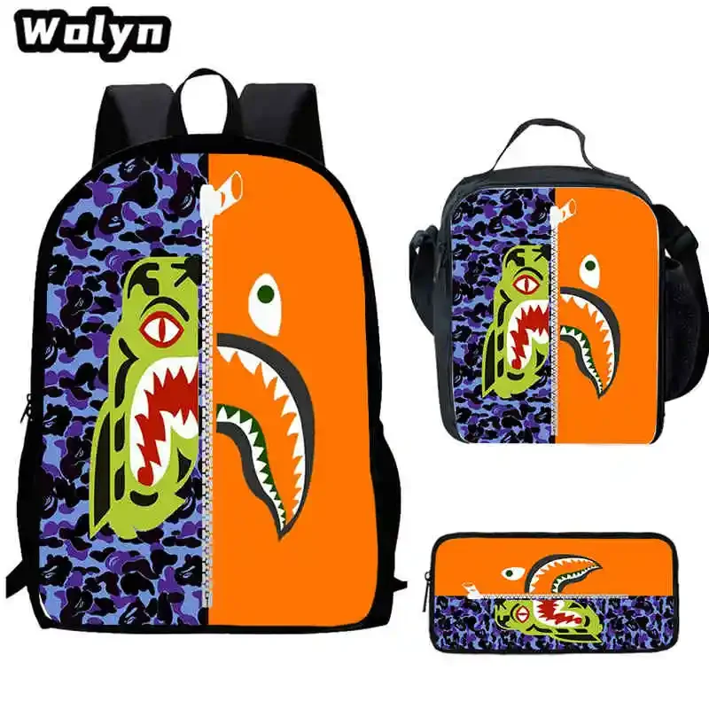 

3Pcs Set Cartoon Camouflage Shark School Backpack Lunch Bags Pencil Bags for Kindergarten , Cartoon School Bag for Boys Girls