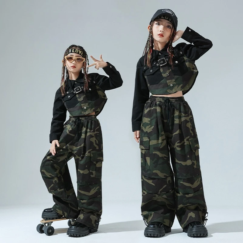 Girls Camo Hip Hop Dance Set Cargo Pants Kids Streetwear Jazz Kpop Stage Performance Costume Outfit phat pants shuffle Dancewear