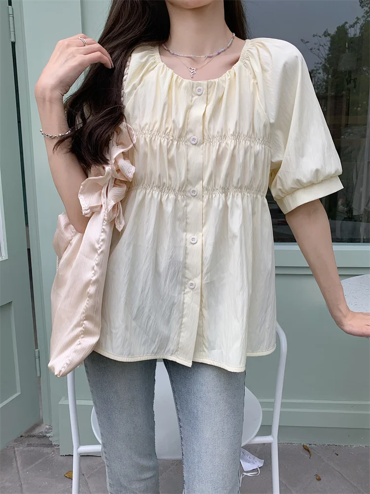 L-4XL Plus Size Chiffon Blouse Women Summer 2025 Short Sleeve Slim Waist Large Size Loose Tops Blouse Casual Lady Top Femme